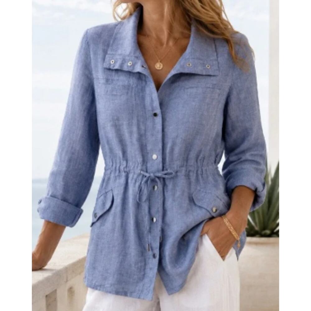 Chico's Cross Dye Linen Drawstring Waist Utility Jacket sz 3 (XL)
